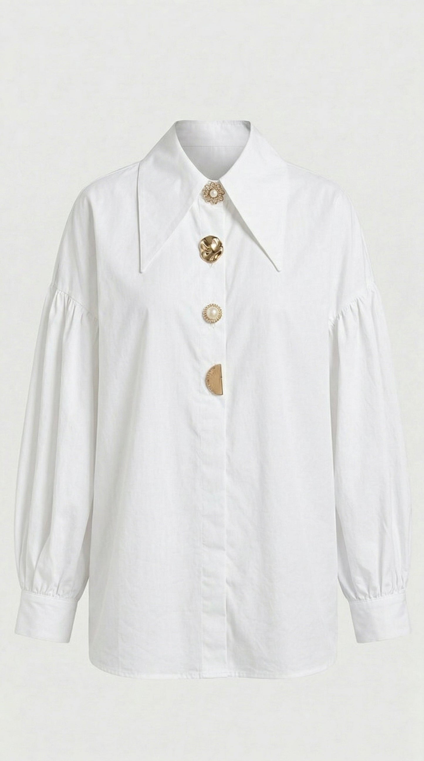 Verito - Loose Long Sleeve Shirt with Pointed Collar and Jewellery Buttons White