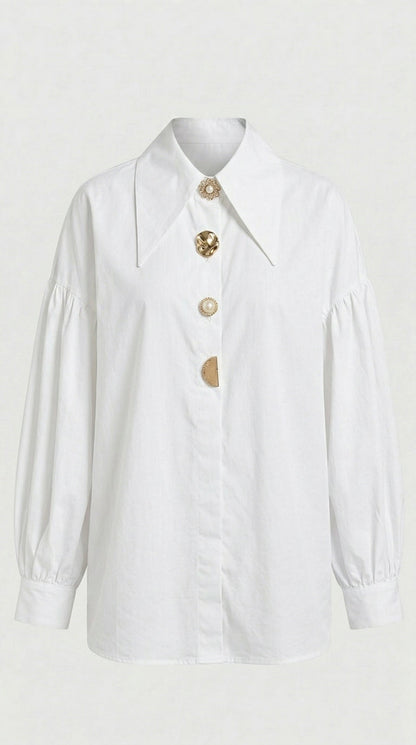 Verito - Loose Long Sleeve Shirt with Pointed Collar and Jewellery Buttons White