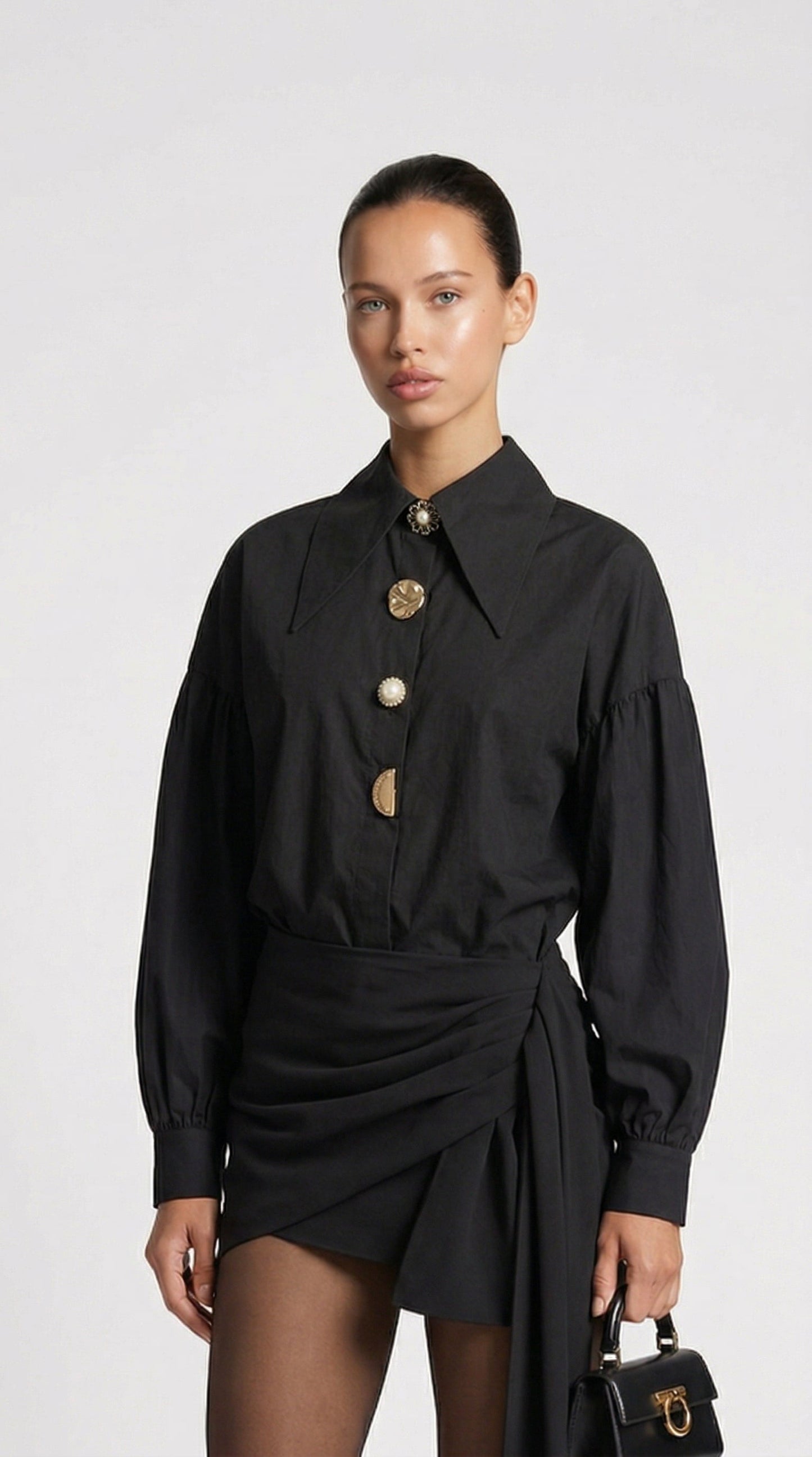 Verito - Loose Long Sleeve Shirt with Pointed Collar and Jewellery Buttons Black