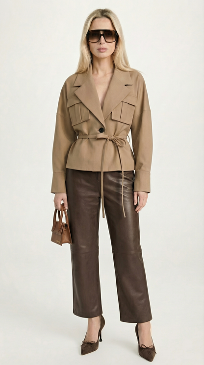 Olea - Modern Vintage Turn-Down Collar & Lace Up Pocket Short Jacket