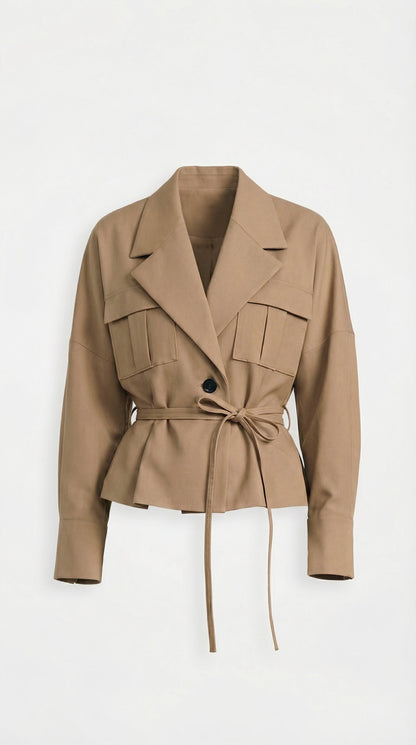 Olea - Modern Vintage Turn-Down Collar & Lace Up Pocket Short Jacket