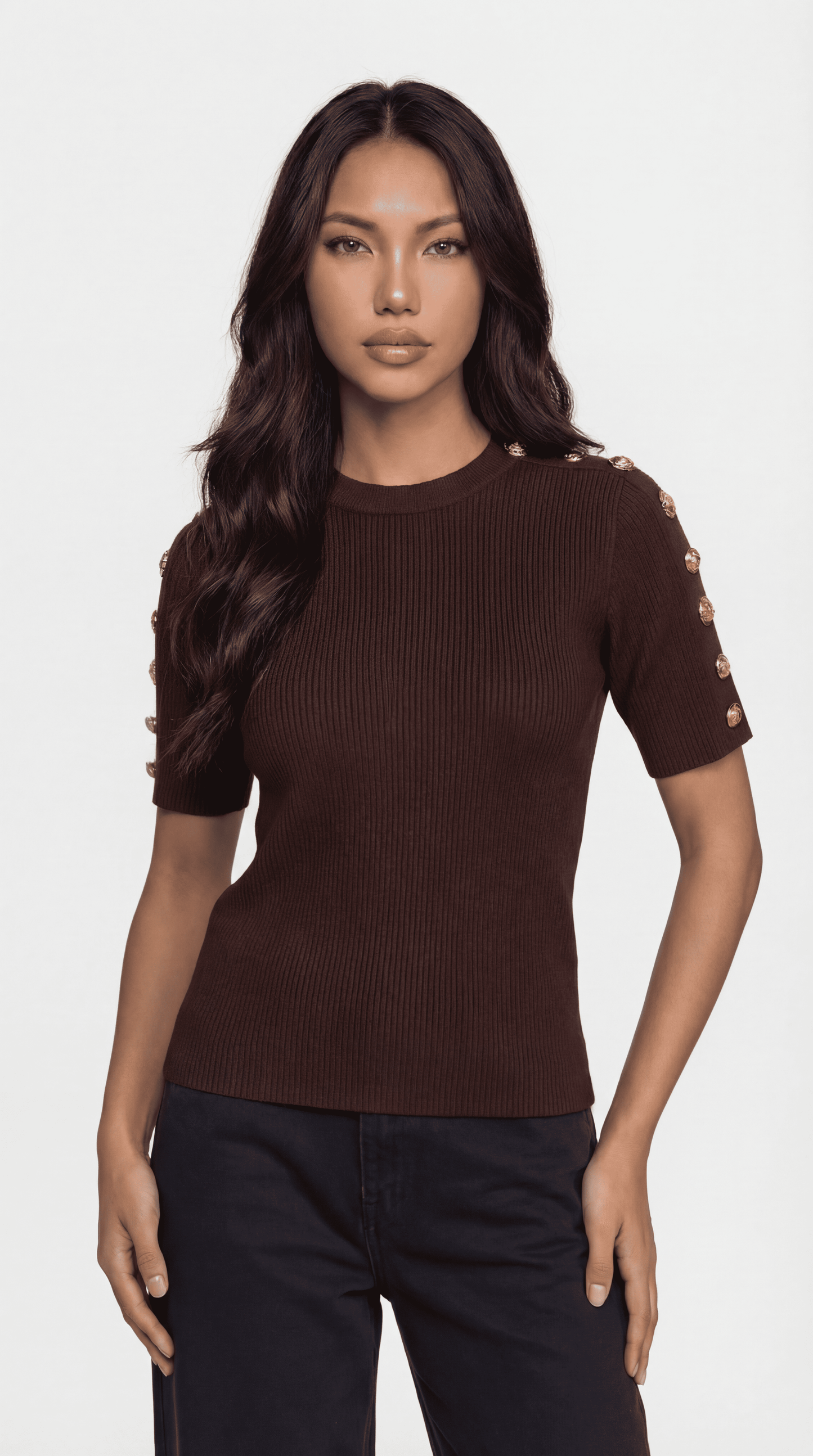 Avena - Metal Buckle Cotton Knitted T-shirt Brown