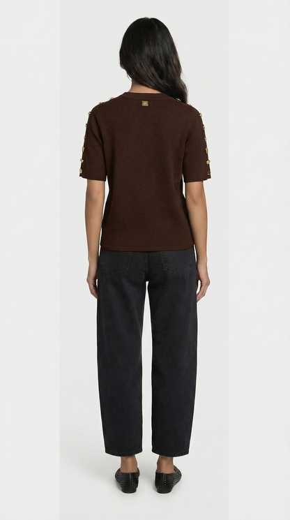 Avena - Metal Buckle Cotton Knitted T-shirt Brown