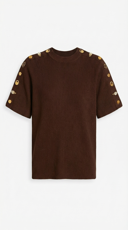 Avena - Metal Buckle Cotton Knitted T-shirt Brown