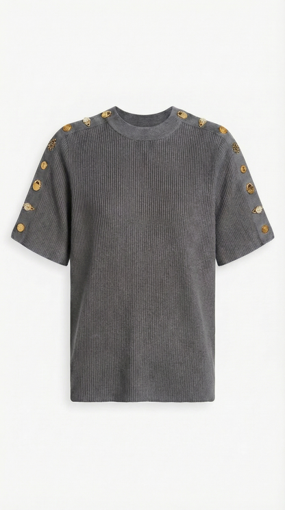 Avena - Metal Buckle Cotton Knitted T-shirt Gray
