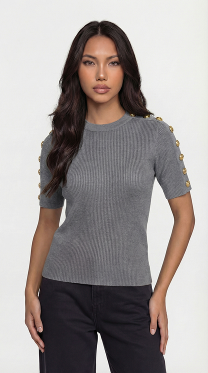 Avena - Metal Buckle Cotton Knitted T-shirt Gray