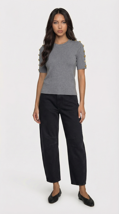 Avena - Metal Buckle Cotton Knitted T-shirt Gray