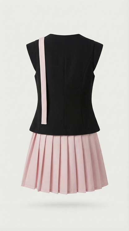 Kory - Asymmetric Vest & Pleated Skirt Set Pink