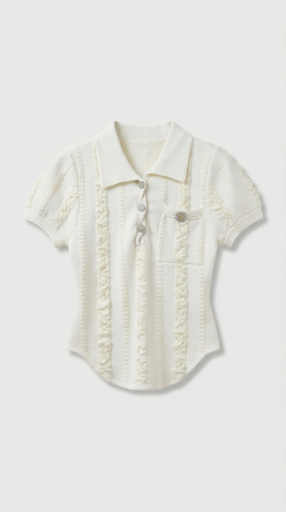 Eta - Ruffled Rib-Knit Polo Top