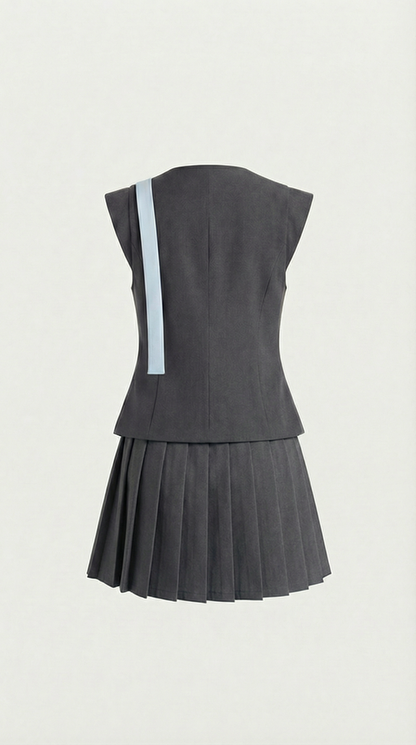 Kory - Asymmetric Vest & Pleated Skirt Set Grey