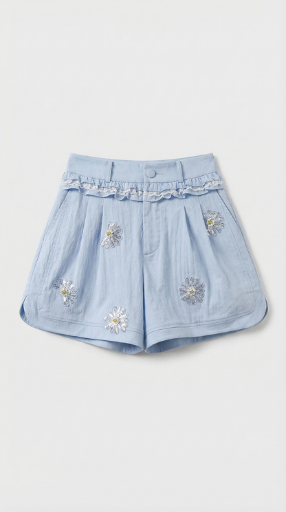 Vela - Embroidered Ruffle Shirt & Short Set