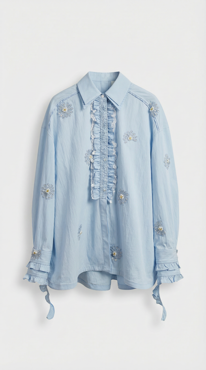 Vela - Embroidered Ruffle Shirt & Short Set