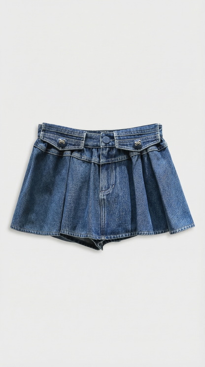 Oty - Contrast-Cuff Denim Jacket & Pleated Mini Skirt Set
