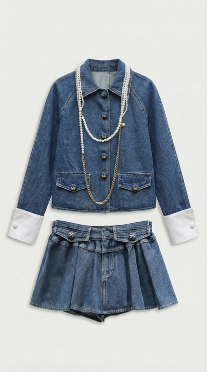 Oty - Contrast-Cuff Denim Jacket & Pleated Mini Skirt Set