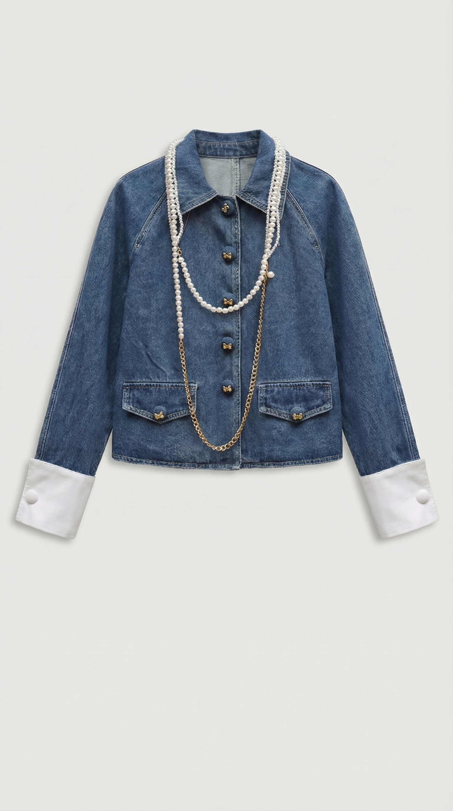 Oty - Contrast-Cuff Denim Jacket & Pleated Mini Skirt Set