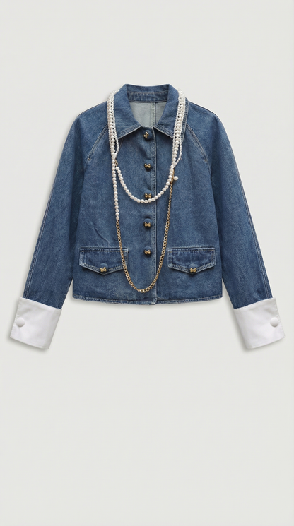 Oty - Contrast-Cuff Denim Jacket & Pleated Mini Skirt Set