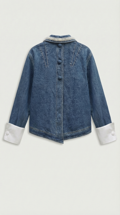 Oty - Contrast-Cuff Denim Jacket & Pleated Mini Skirt Set