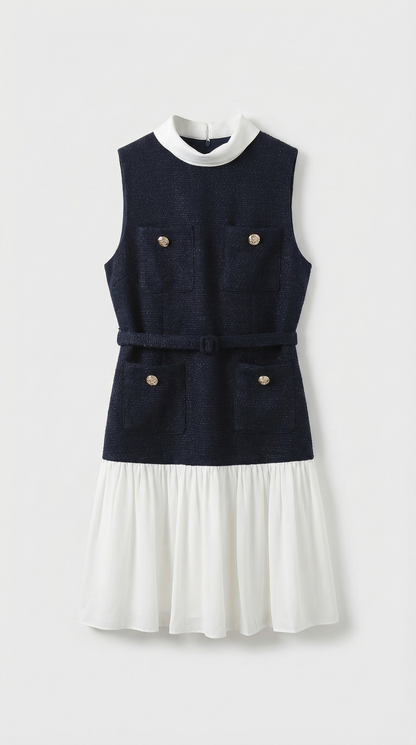 Bora - Belted Tweed & Pleated Chiffon Dress