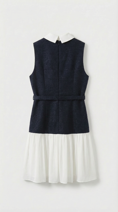 Bora - Belted Tweed & Pleated Chiffon Dress