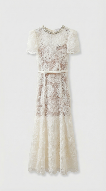Tula - Rose Lace Maxi Dress with Crystal Neckline