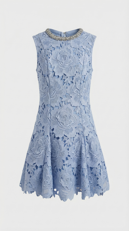 Asera - Crystal-Neckline Floral Guipure Lace Dress