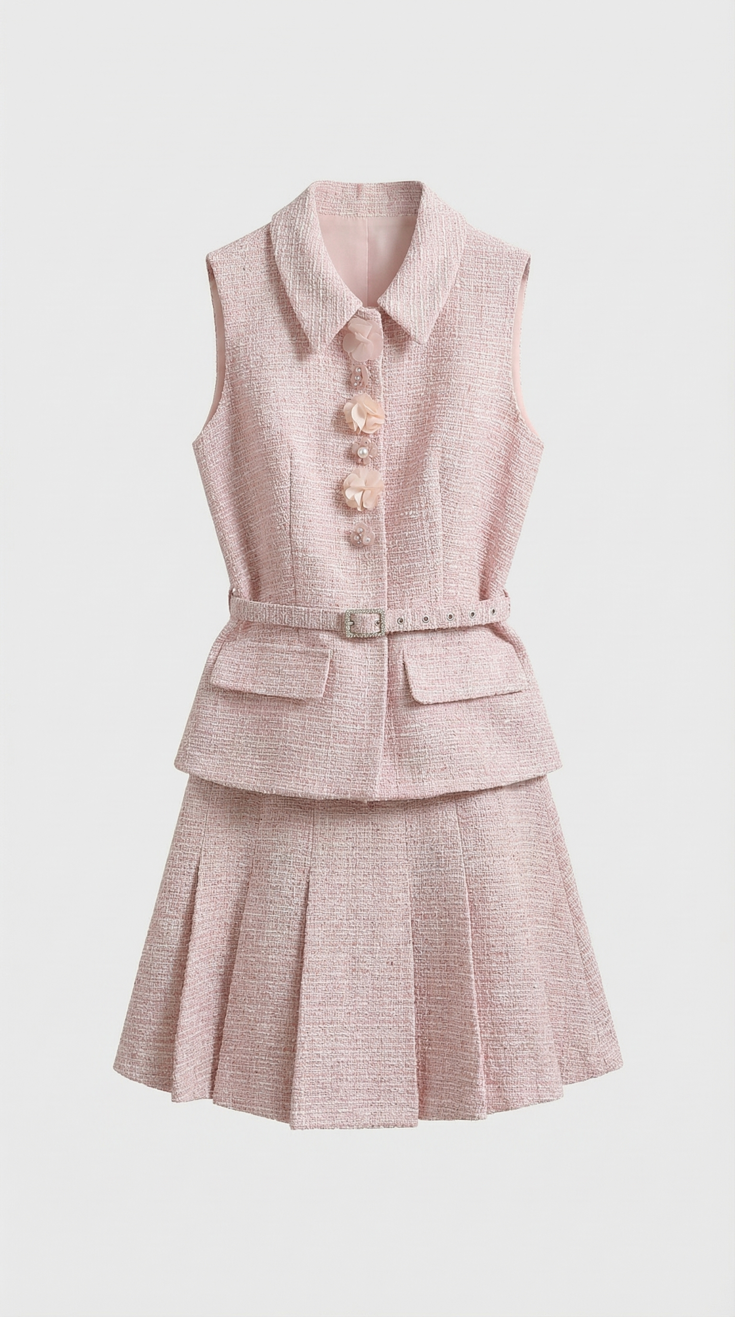 Torba - Sleeveless Tweed Vest & Pleated Mini Skirt Set