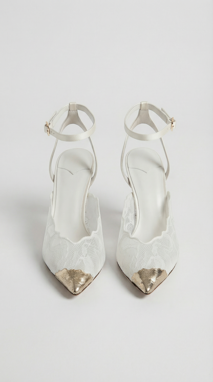Kiva - Lace Embroidery Metal Pointed Heels White