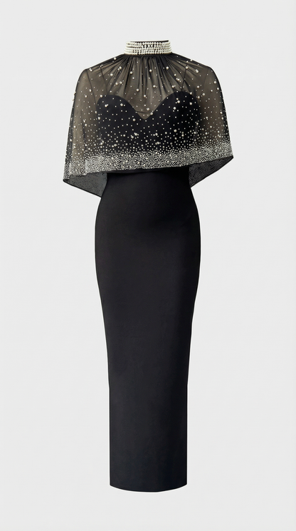 Kami - Pearl-Embellished Cape Maxi Dress