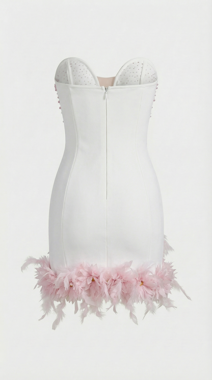 Bless - Pearl-Embellished Feather Hem Mini Dress
