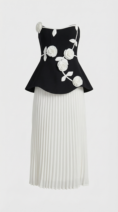 Oro - 3D Floral Peplum & Pleated Maxi Dress Black