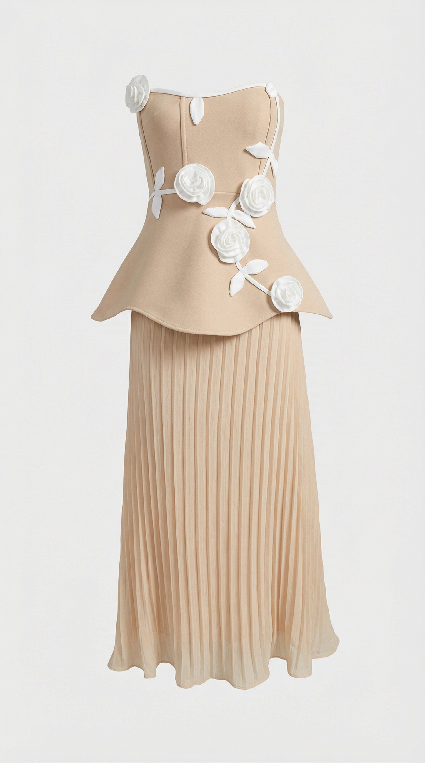Oro - 3D Floral Peplum & Pleated Maxi Dress Beige