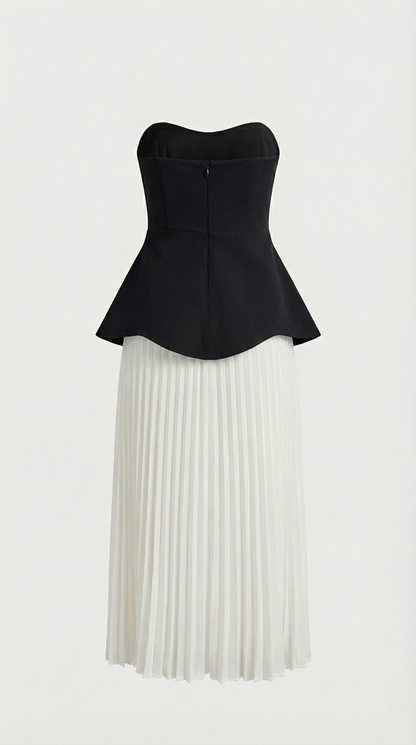 Oro - 3D Floral Peplum & Pleated Maxi Dress Black