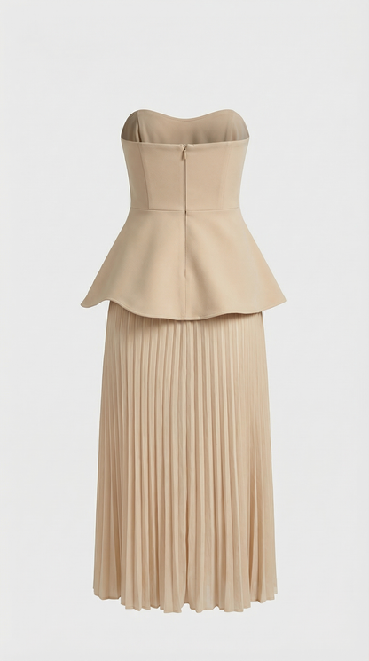 Oro - 3D Floral Peplum & Pleated Maxi Dress Beige