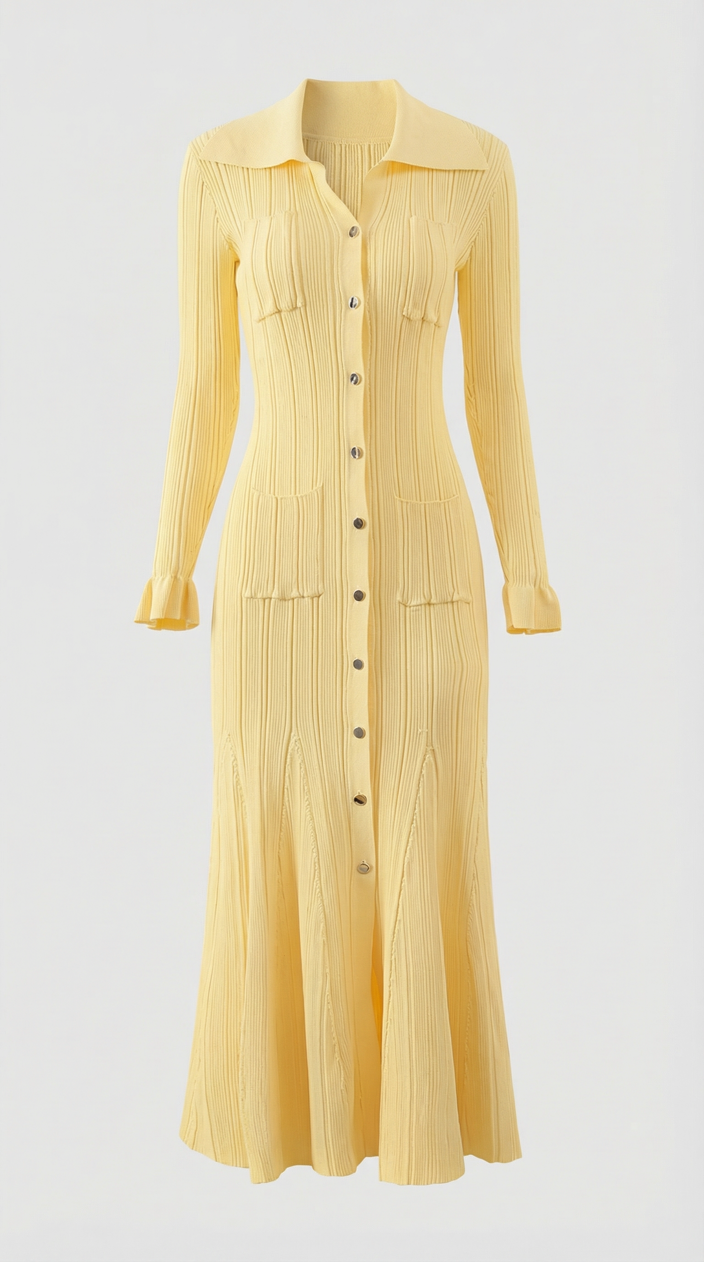 Kena - Ribbed Knit Button-Down Midi Dress Yellow
