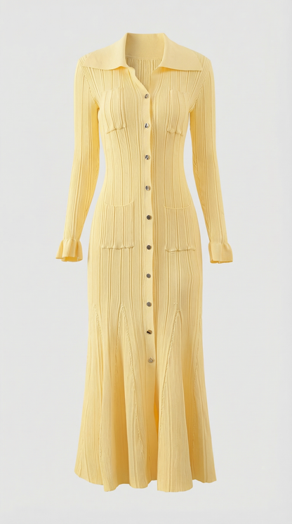 Kena - Ribbed Knit Button-Down Midi Dress Yellow