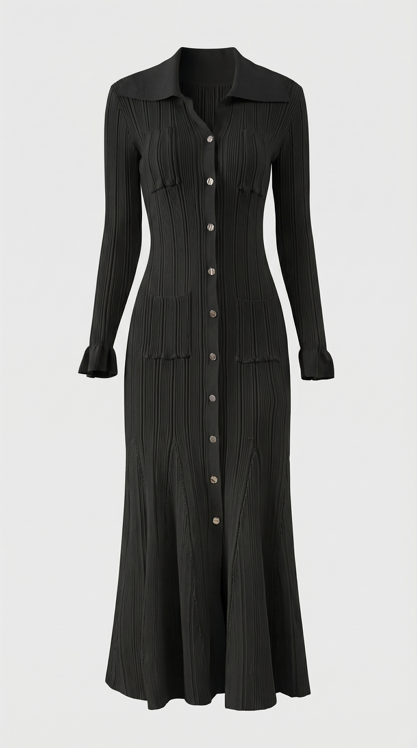 Kena - Ribbed Knit Button-Down Midi Dress Black