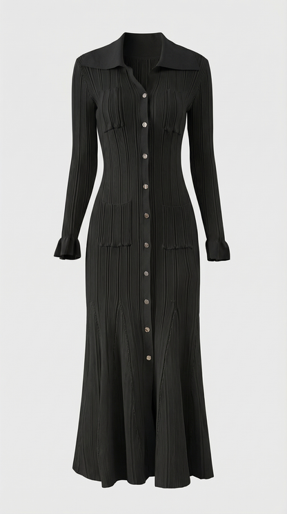 Kena - Ribbed Knit Button-Down Midi Dress Black