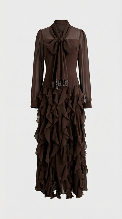 Zola - Tiered Ruffle Pussy-Bow Maxi Dress Brown