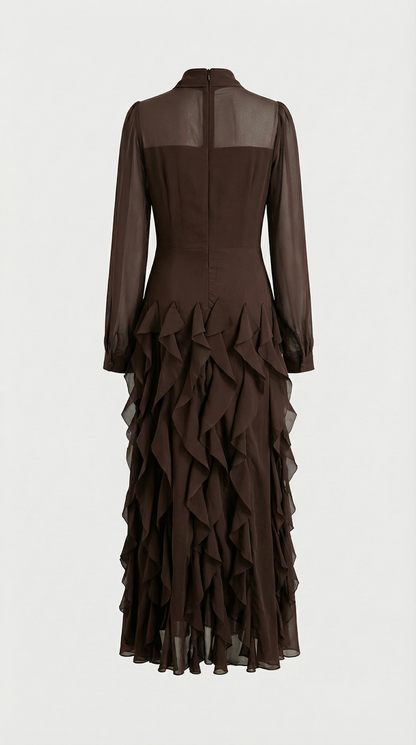 Zola - Tiered Ruffle Pussy-Bow Maxi Dress Brown