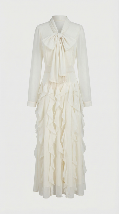Zola - Tiered Ruffle Pussy-Bow Maxi Dress White