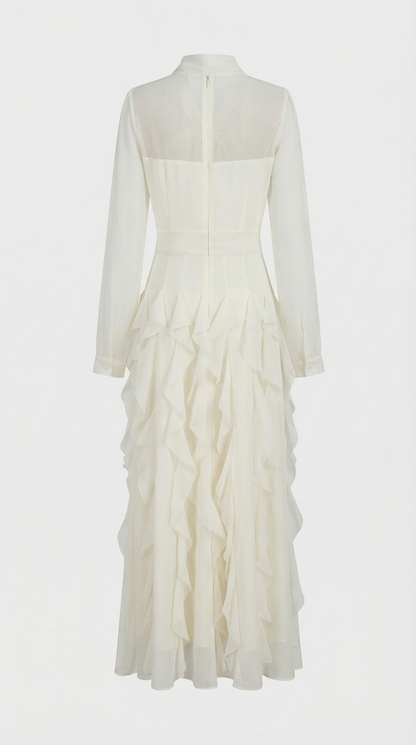 Zola - Tiered Ruffle Pussy-Bow Maxi Dress White