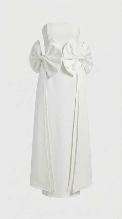 Keli - Triple-Bow Strapless Column Maxi Dress White