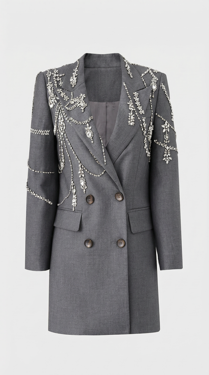 Veno - Crystal-Draped Double-Breasted Blazer Dress Grey