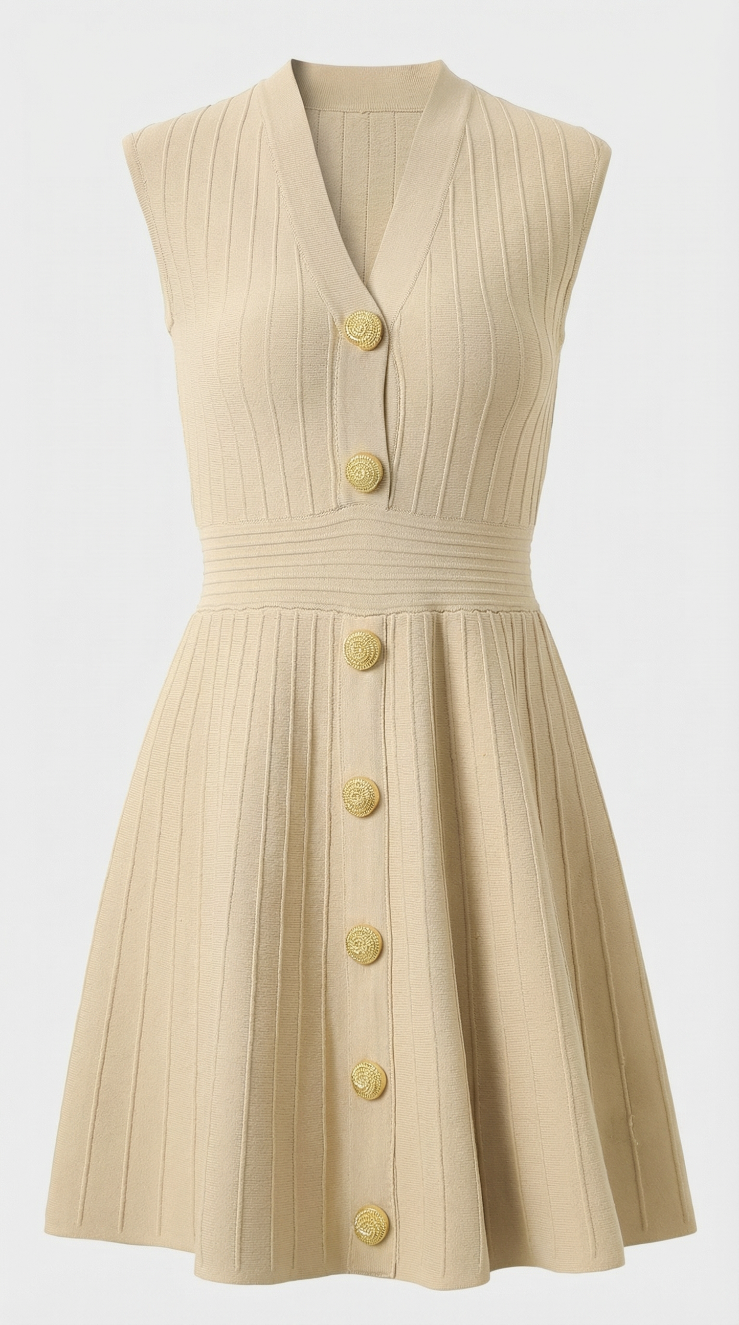 Mari - Ribbed Knit Button-Down Mini Dress Beige