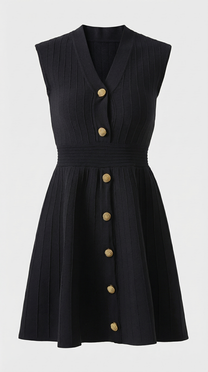 Mari - Ribbed Knit Button-Down Mini Dress Black