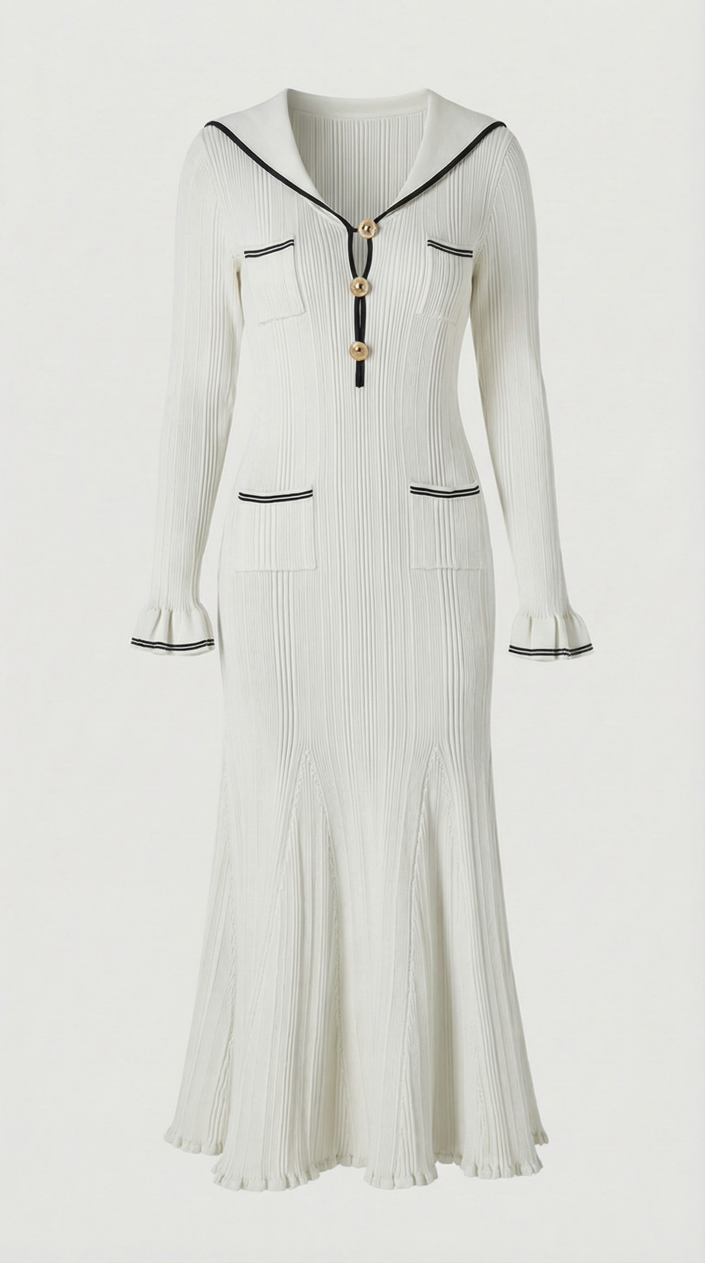 Lari - Ribbed Knit Sailor-Collar Maxi Dress White
