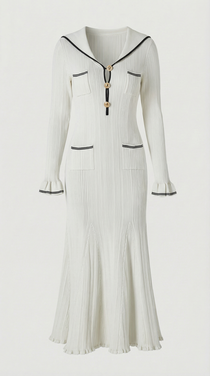Lari - Ribbed Knit Sailor-Collar Maxi Dress White