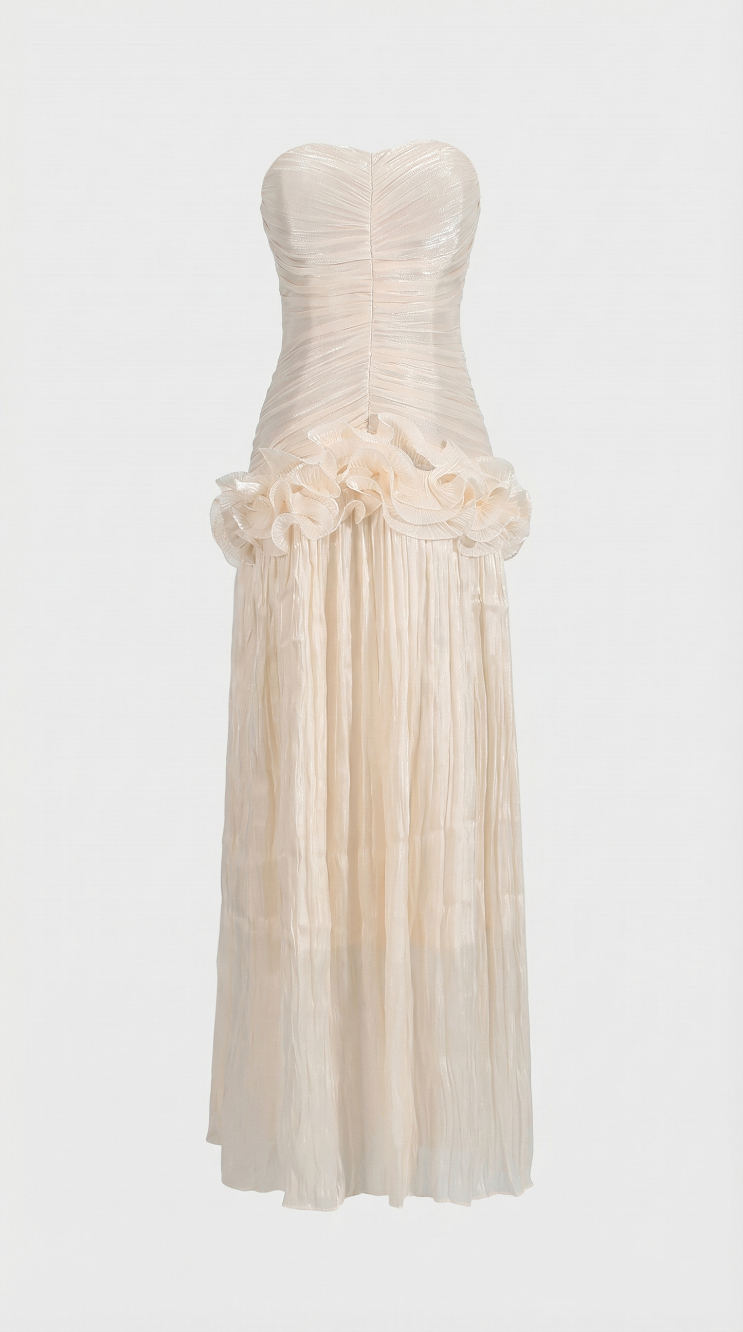 Miri - Metallic Pleated Strapless Maxi Dress Ivory