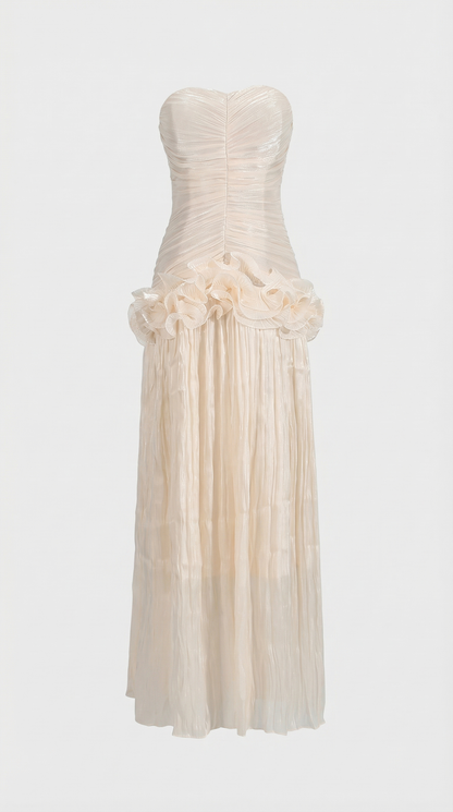 Miri - Metallic Pleated Strapless Maxi Dress Ivory