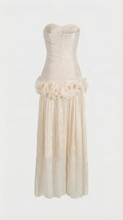 Miri - Metallic Pleated Strapless Maxi Dress Ivory